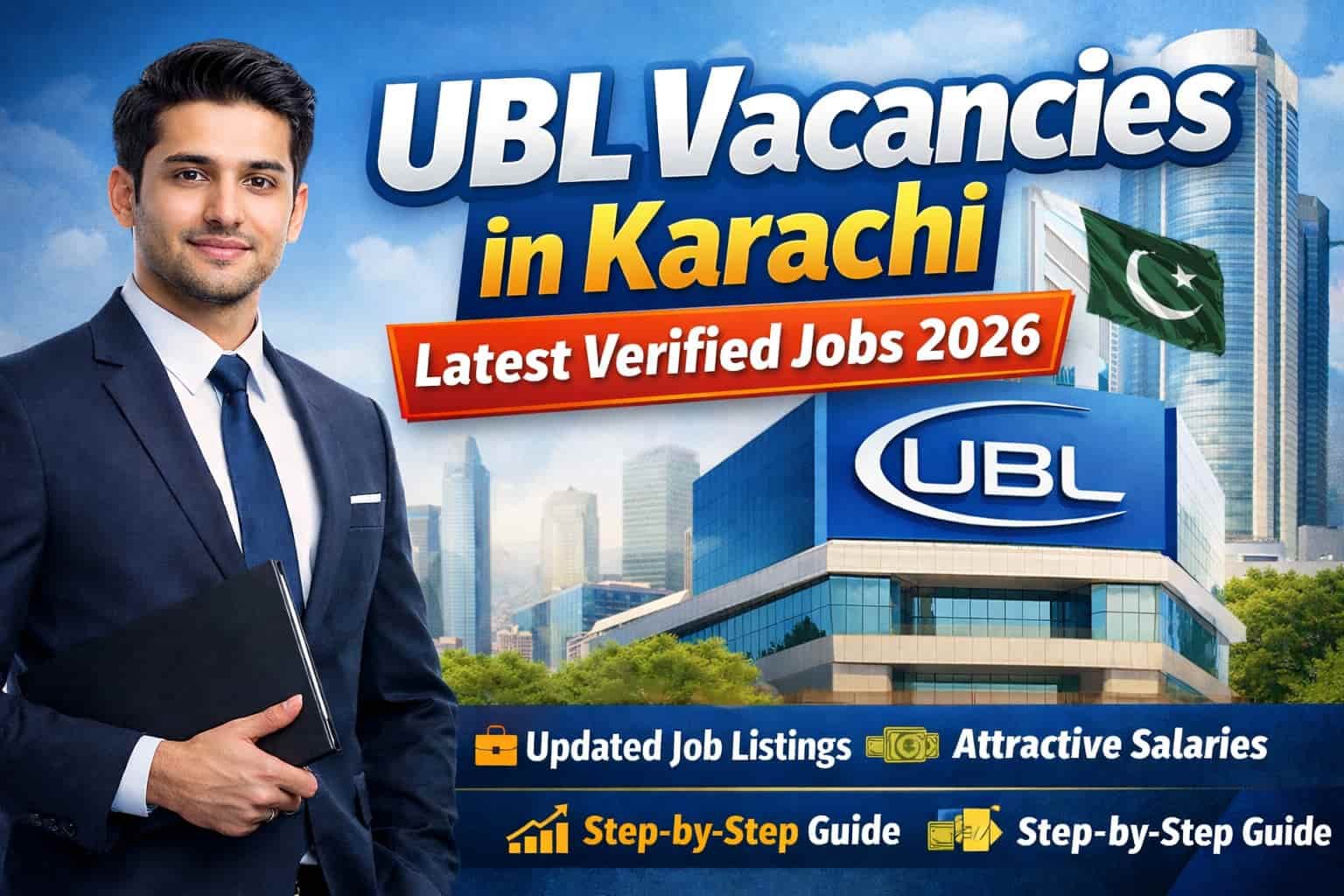 UBL vacancies in Karachi thumbnail showing banking jobs 2026 with UBL building, professional candidate and job highlights