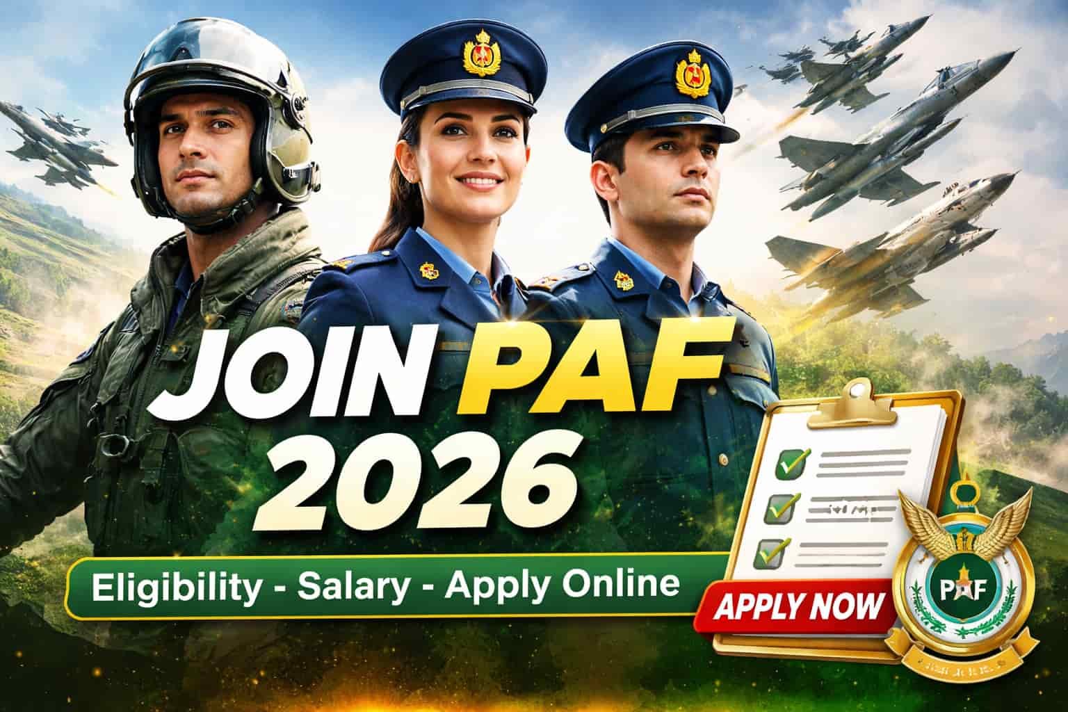 Join PAF 2026 thumbnail showing Pakistan Air Force officers, fighter jets, and apply online eligibility and salary highlights