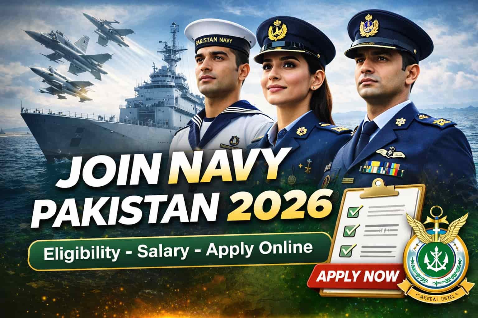 Join navy pakistan 2026 thumbnail showing Pakistan Navy officers, naval ship, and apply online eligibility and salary highlights
