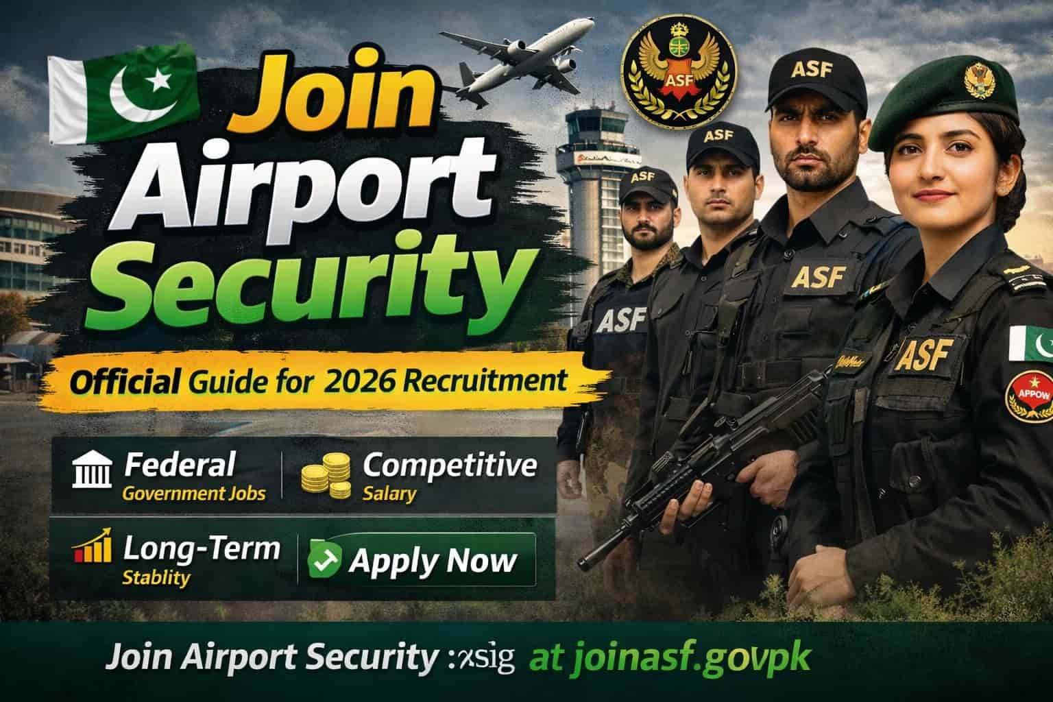 Join Airport Security 2026 thumbnail showing ASF male and female officers at an airport with headline about official recruitment, salary package and apply online process in Pakistan.