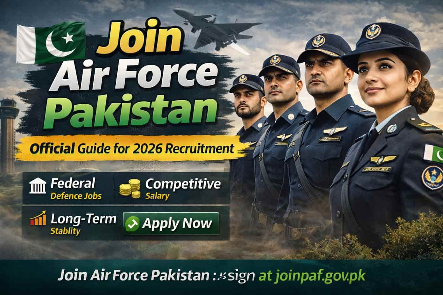 Join Air force Pakistan 2026 thumbnail showing male and female Pakistan Air Force officers in uniform with headline about official recruitment, salary package and apply online process.