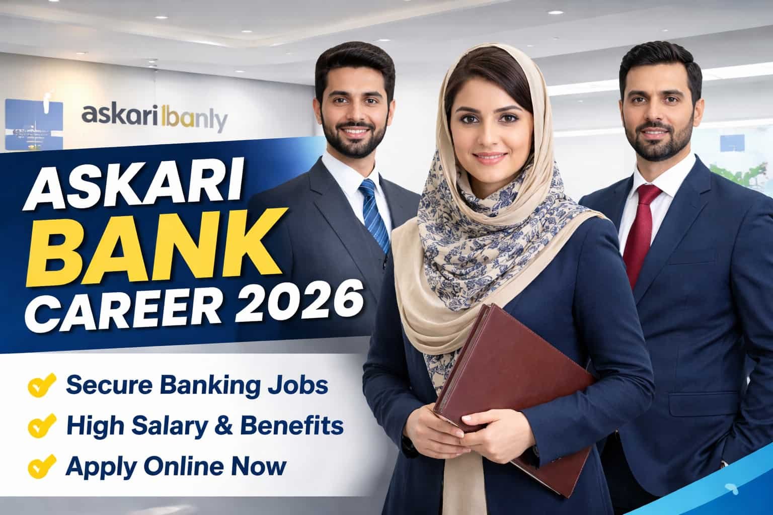 Askari Bank Career 2026 promotional banner showing three banking professionals in formal attire with text highlighting secure banking jobs, high salary and online application.