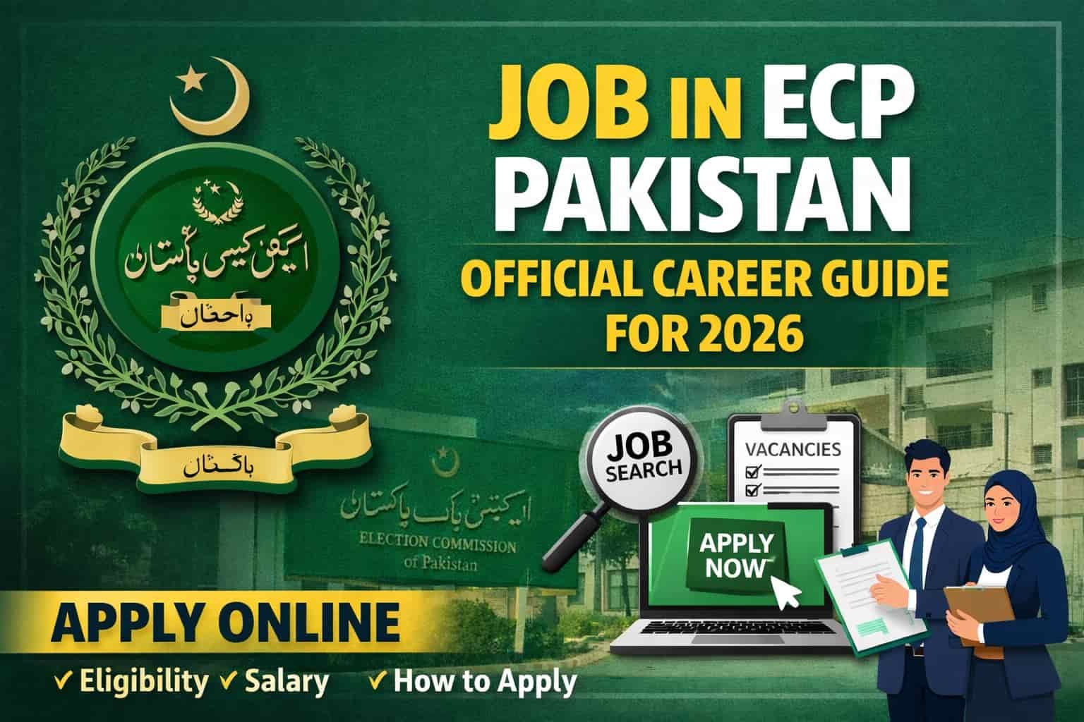 Job in ECP Pakistan 2026 thumbnail showing Election Commission of Pakistan logo with apply online, eligibility, and salary highlights