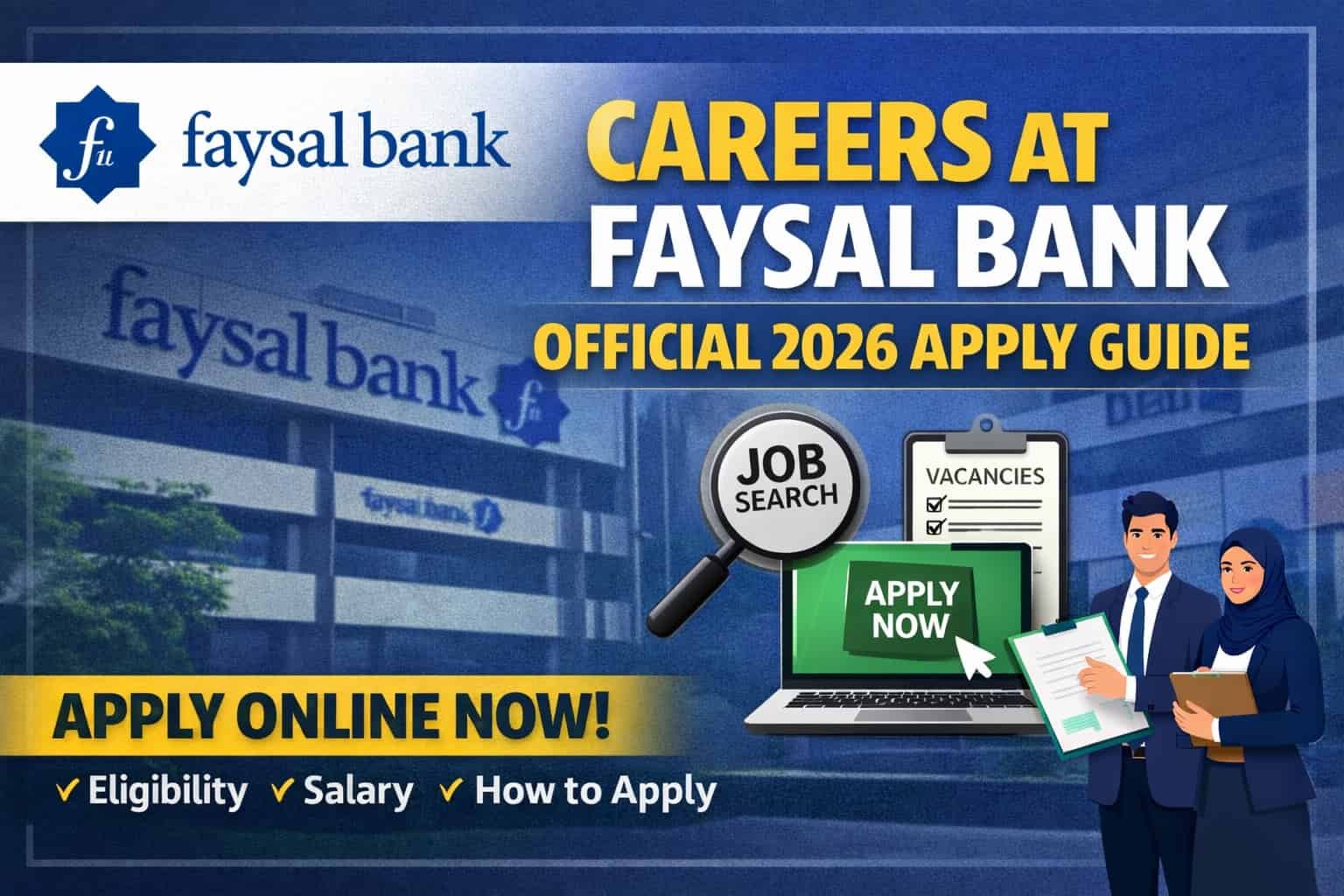 Careers at Faysal Bank 2026 apply online thumbnail showing official hiring guide, salary details, eligibility criteria, and job application process