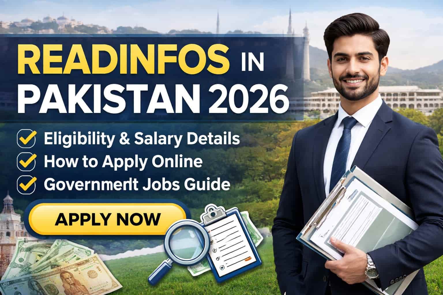 Readinfos in Pakistan 2026 government jobs guide banner showing eligibility, salary details, and apply online information with professional applicant visual.
