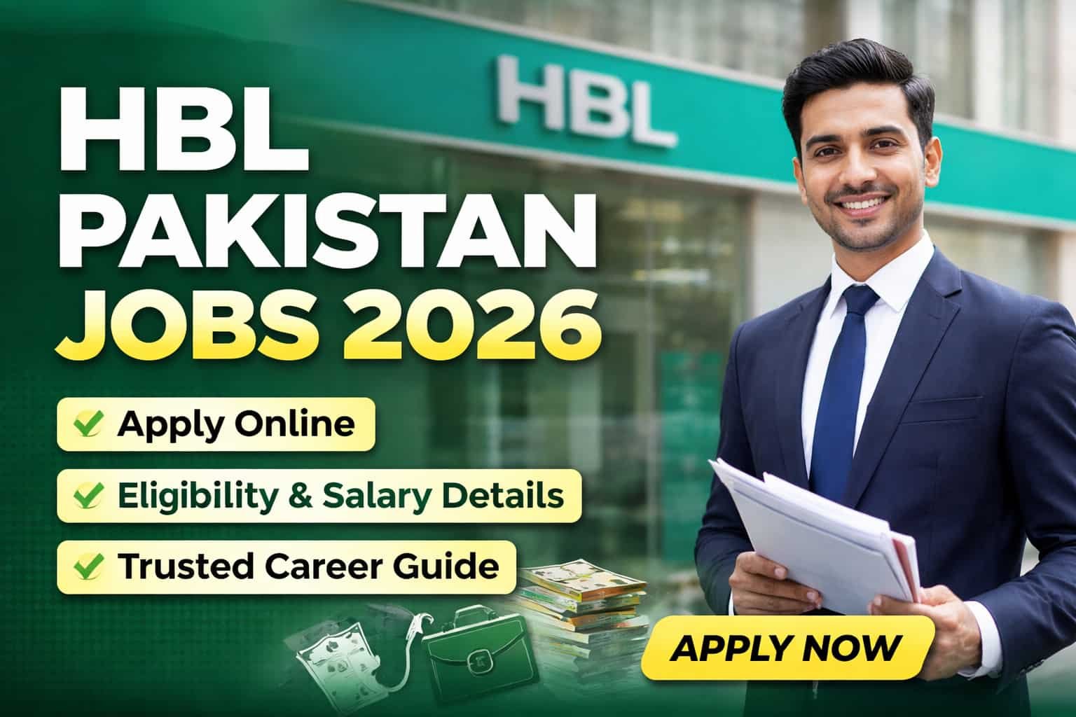 HBL Pakistan Jobs 2026 thumbnail showing a professional banker outside HBL branch with apply online, eligibility and salary details text overlay