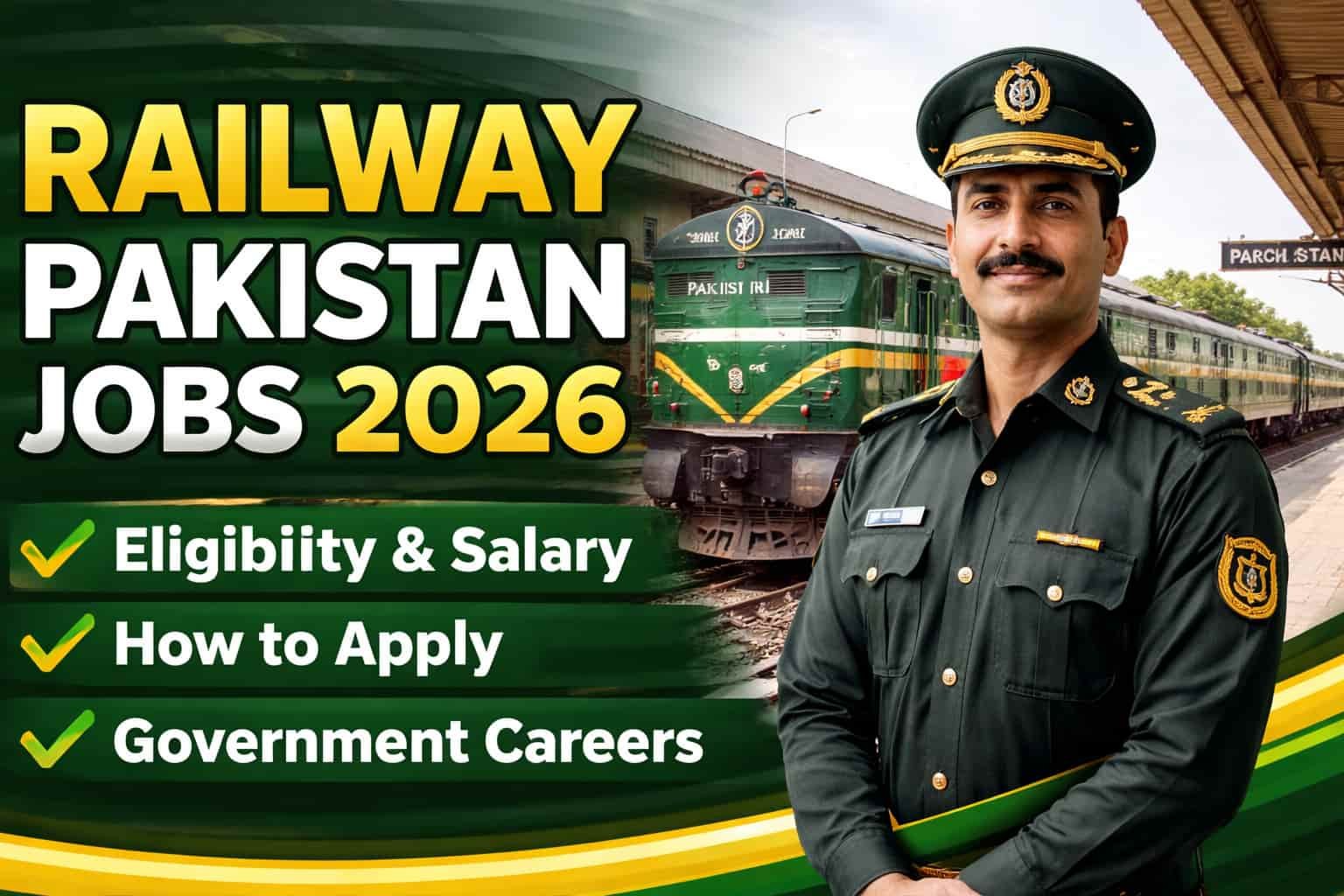 Railway Pakistan Jobs 2026 thumbnail showing a railway officer in uniform standing at a train station with text highlighting eligibility, salary, and how to apply.