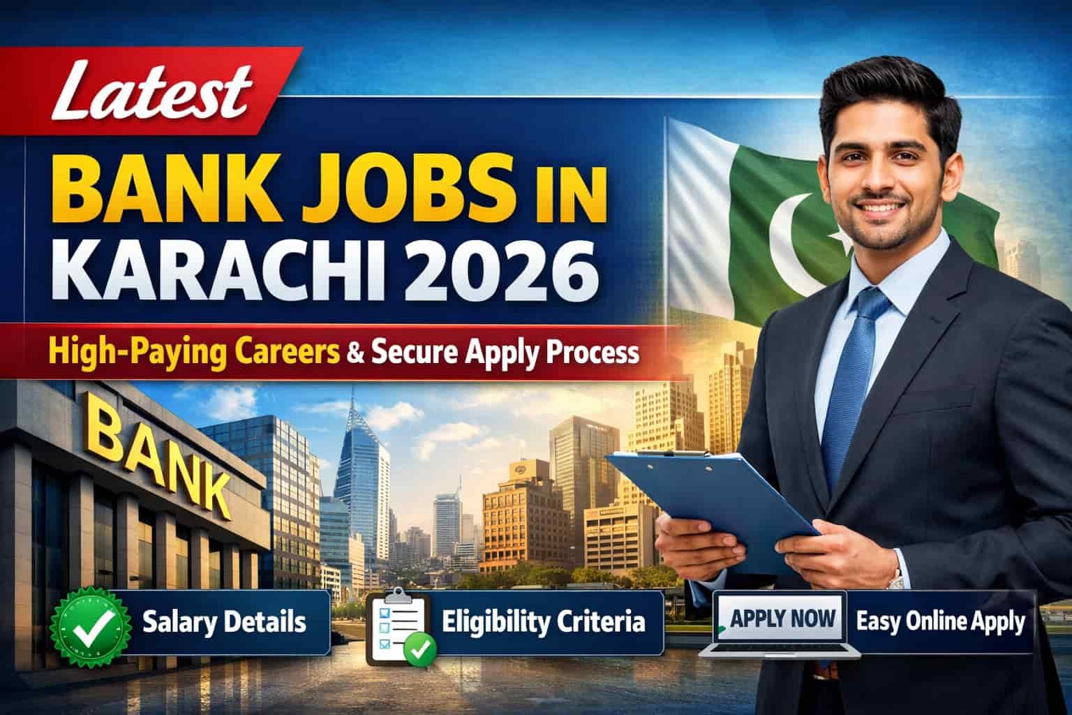 Latest bank jobs in Karachi 2026 thumbnail showing salary details, eligibility criteria and secure online apply process