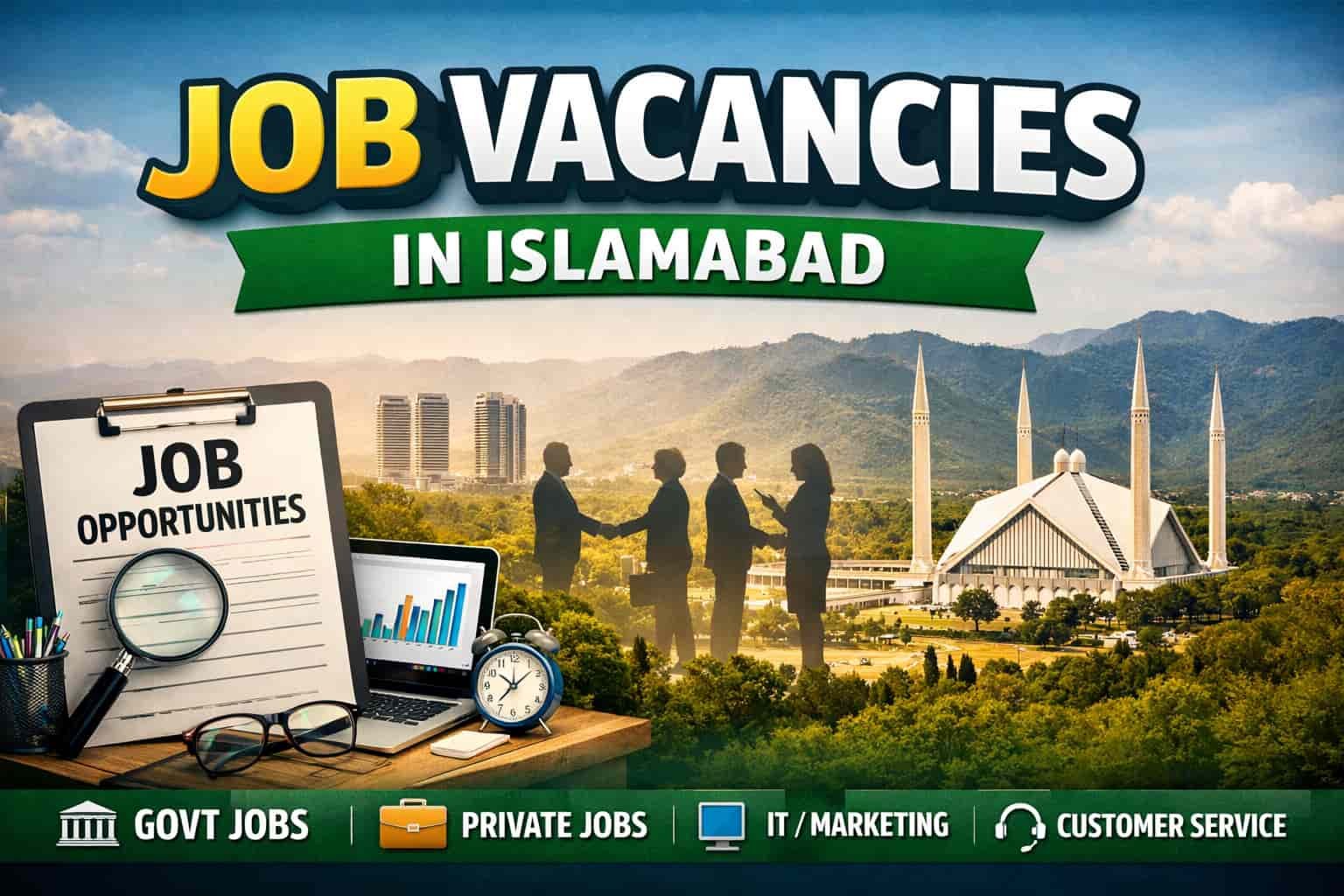 Featured image for job vacancies in islamabad 2026 showing Islamabad skyline with government buildings and career opportunity text overlay.
