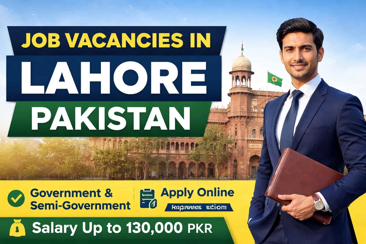 Job vacancies in Lahore Pakistan thumbnail showing government building and professional candidate promoting secure apply online opportunities 2026