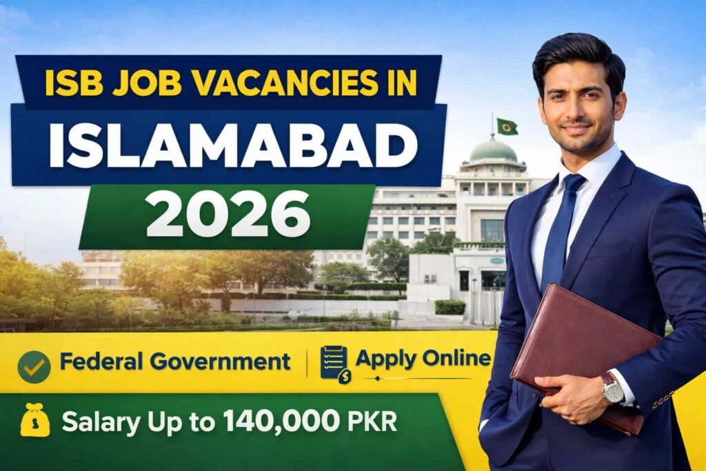 Thumbnail promoting secure ISB job vacancies in Islamabad 2026 featuring a professional candidate and federal government building to represent official apply online recruitment opportunities.