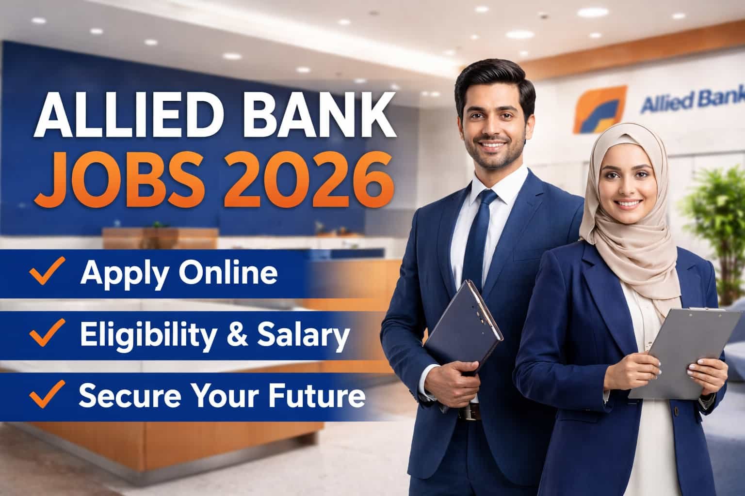 Allied bank jobs 2026 official hiring thumbnail showing bank officers with apply online, eligibility and salary details in Pakistan