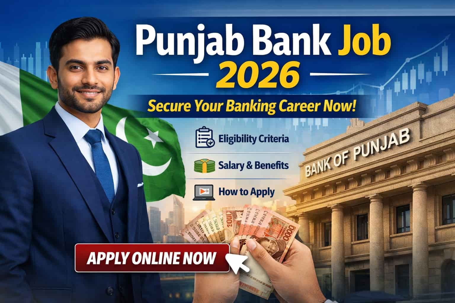 Punjab Bank Job 2026 golden career opportunity thumbnail showing banking building, apply online button and salary details