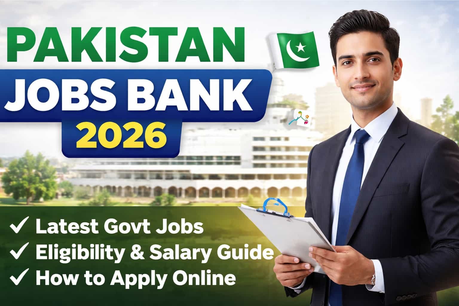 Pakistan Jobs Bank 2026 thumbnail banner showing latest government jobs, eligibility criteria, salary guide, and how to apply online in Pakistan