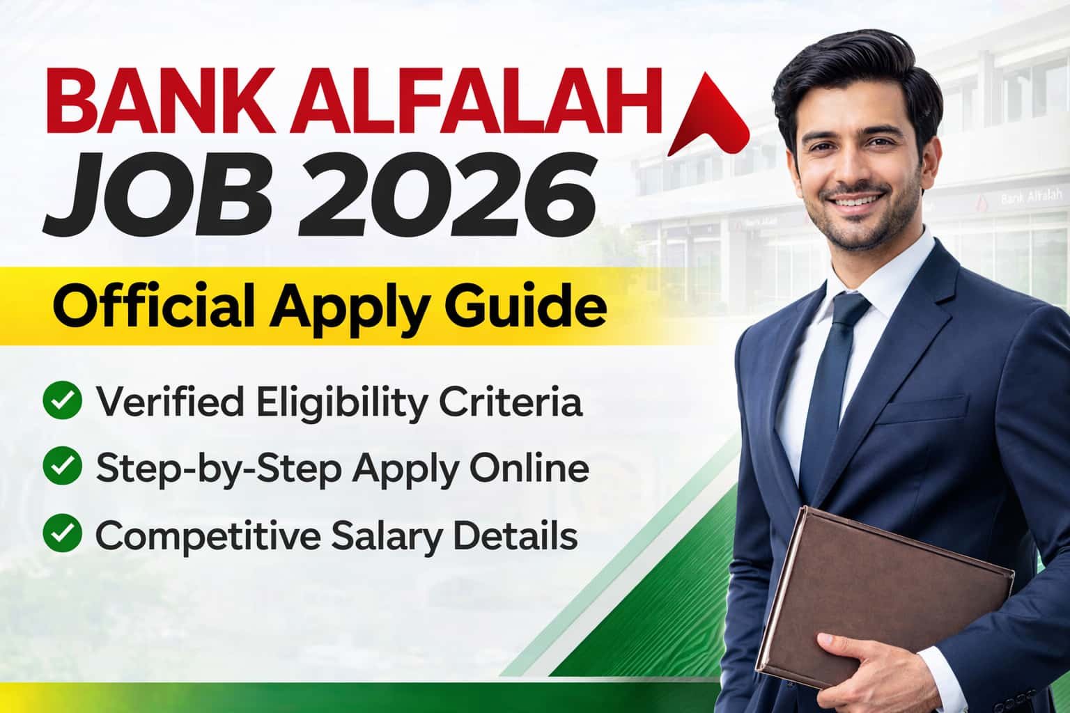 Secure Bank Alfalah Job 2026 thumbnail showing a professional Pakistani banker with official apply guide, eligibility criteria, and salary details.