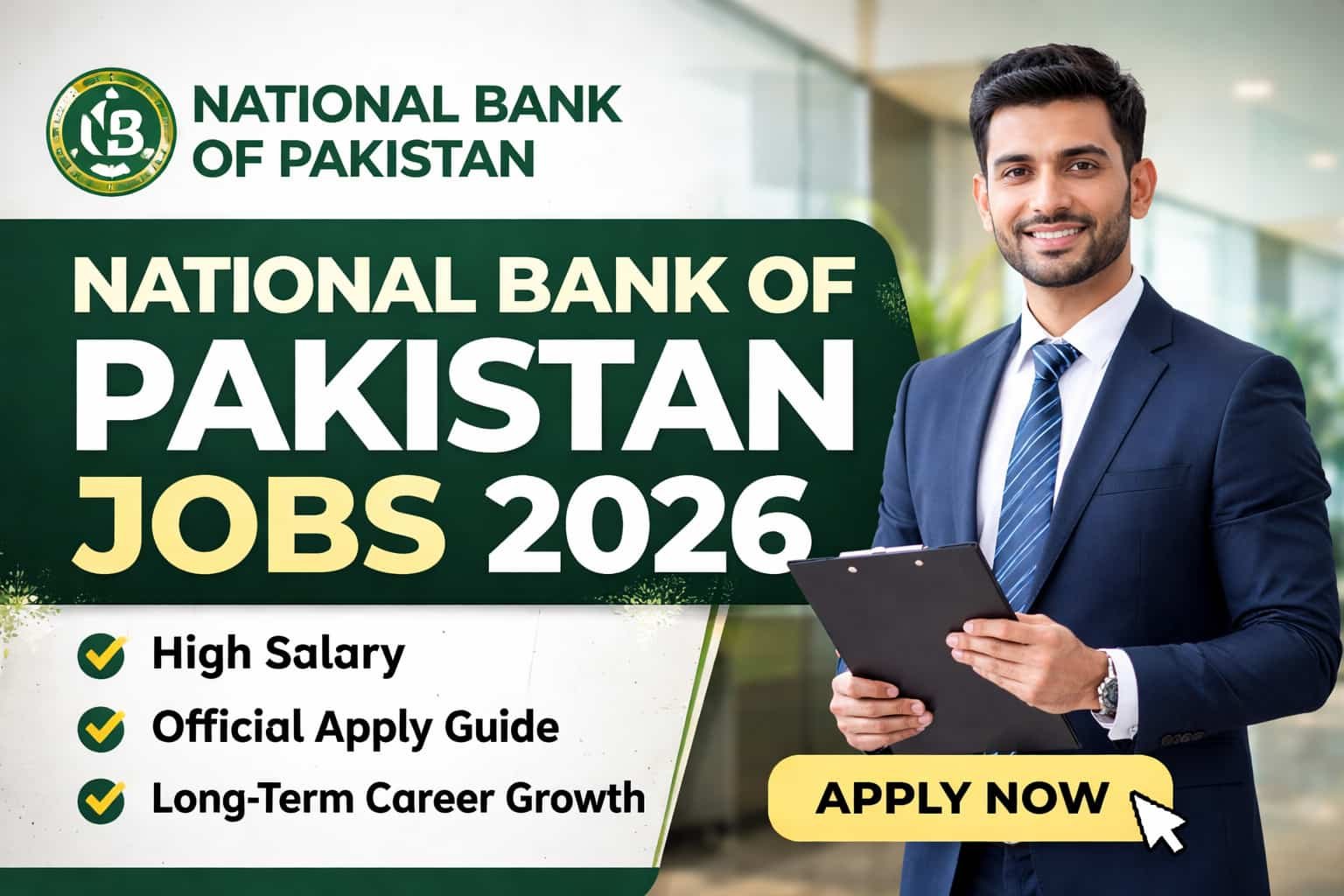 Secure National Bank of Pakistan Jobs 2026 thumbnail showing professional banker and official apply now banner