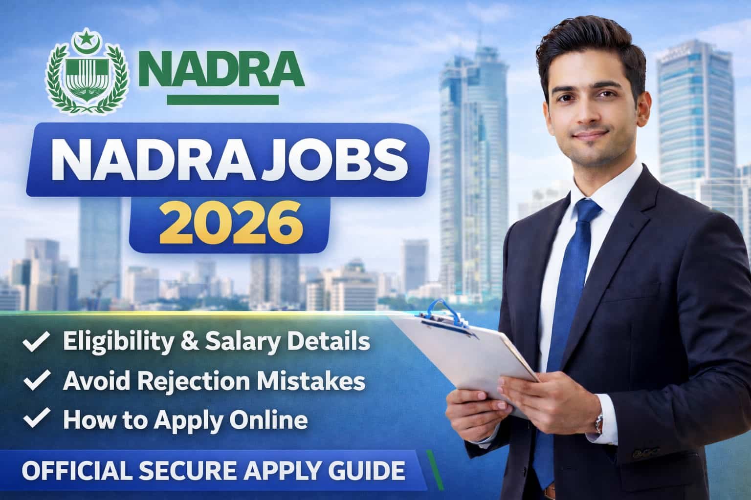 NADRA Jobs 2026 official recruitment thumbnail showing government building and apply online text banner