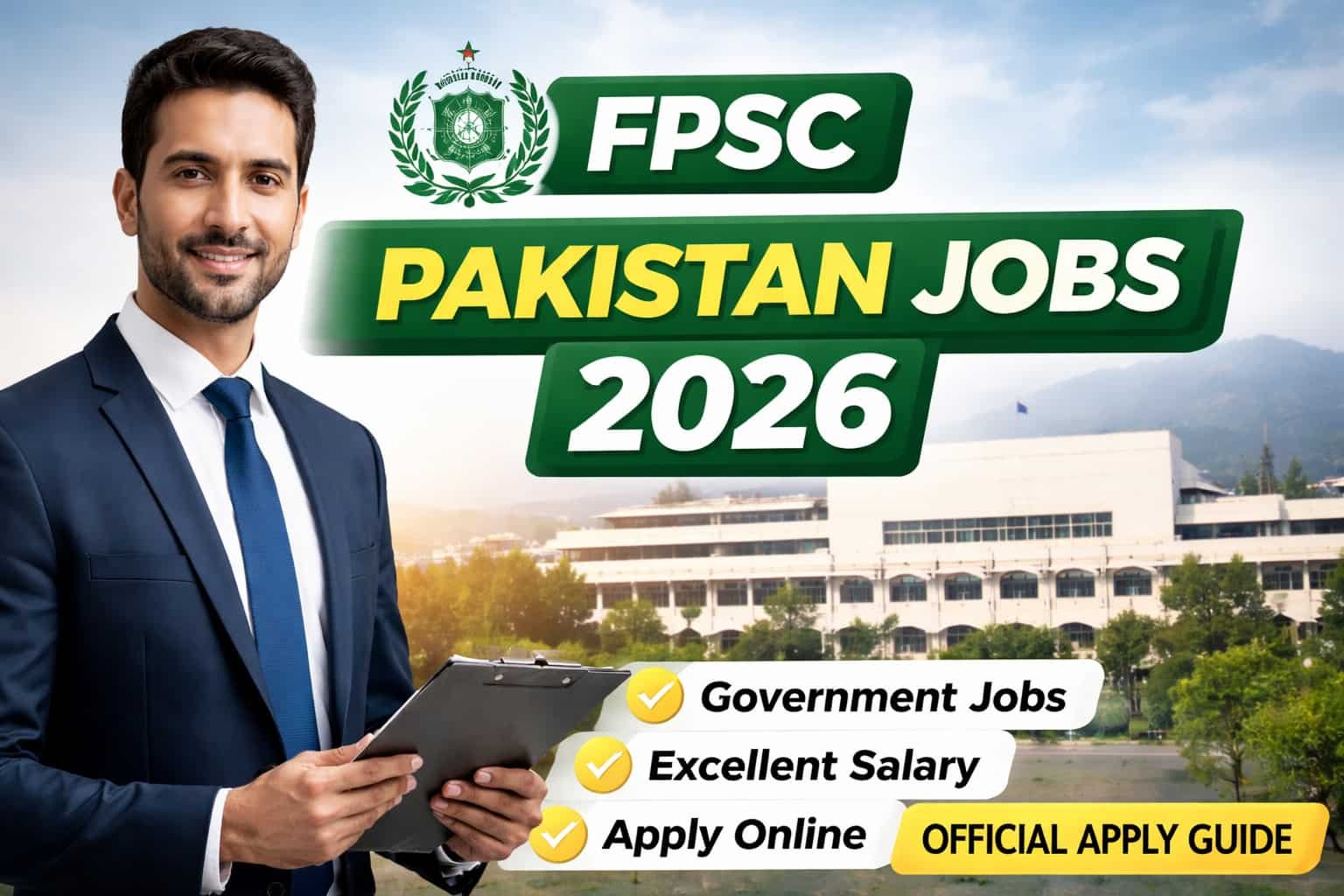 Fpsc pakistan jobs 2026 promotional banner showing a confident Pakistani professional in front of Parliament House Islamabad with official apply guide and salary highlights.