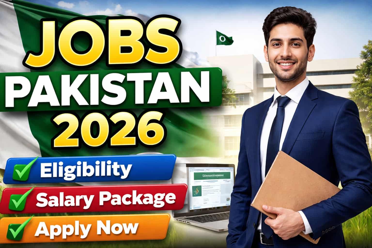 Thumbnail banner for Jobs Pakistan 2026 showing Pakistani flag, government building, and text highlighting eligibility, salary package, and apply online guide.