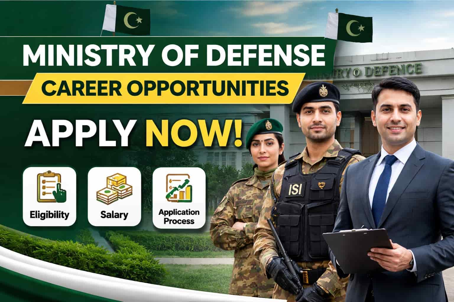 Ministry of Defense career opportunities 2026 recruitment banner showing uniformed officers and a professional highlighting eligibility, salary, and apply process in Pakistan.
