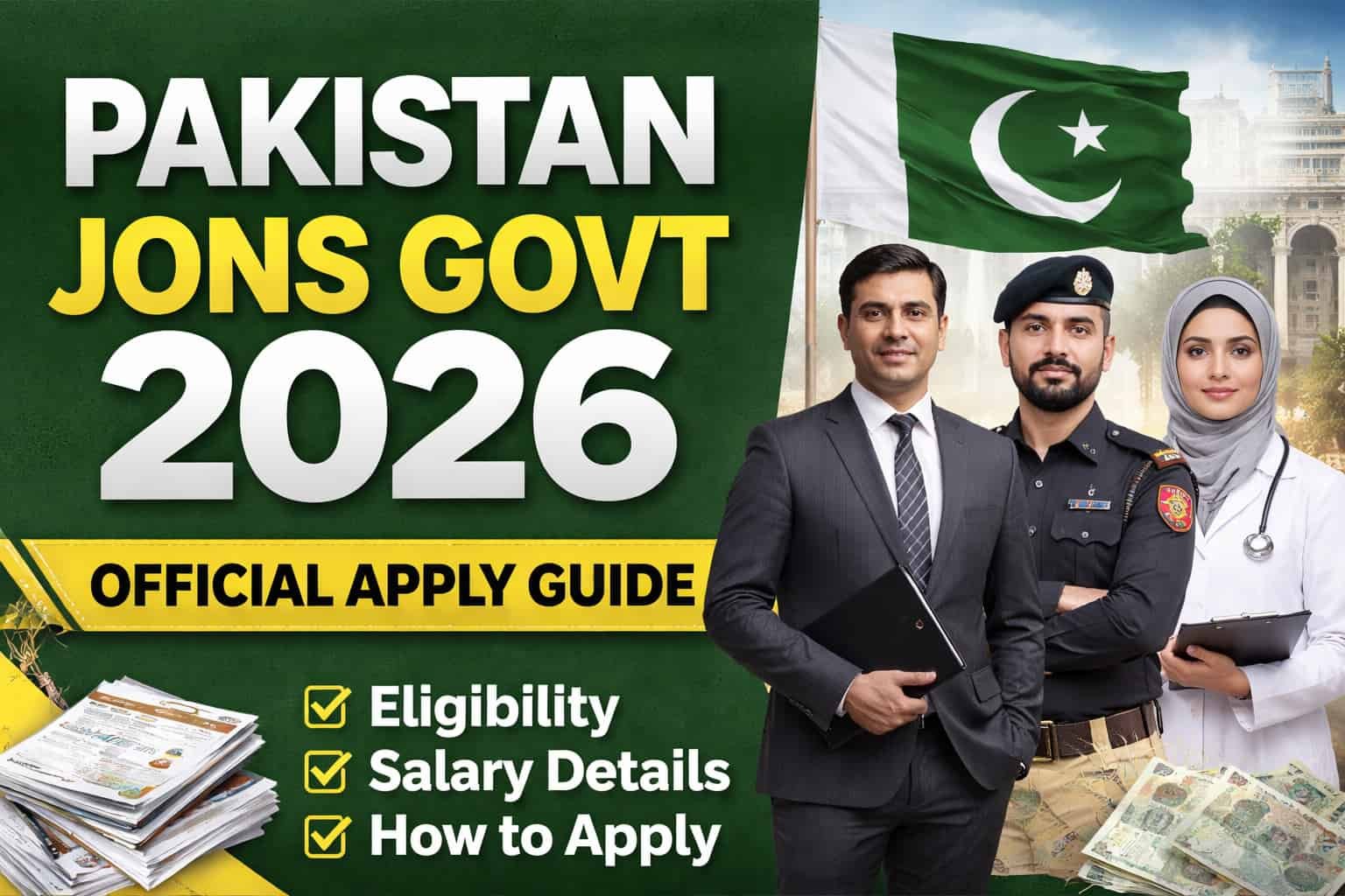 Pakistan jons govt 2026 official apply guide thumbnail showing government officers, eligibility, salary details, and how to apply information.
