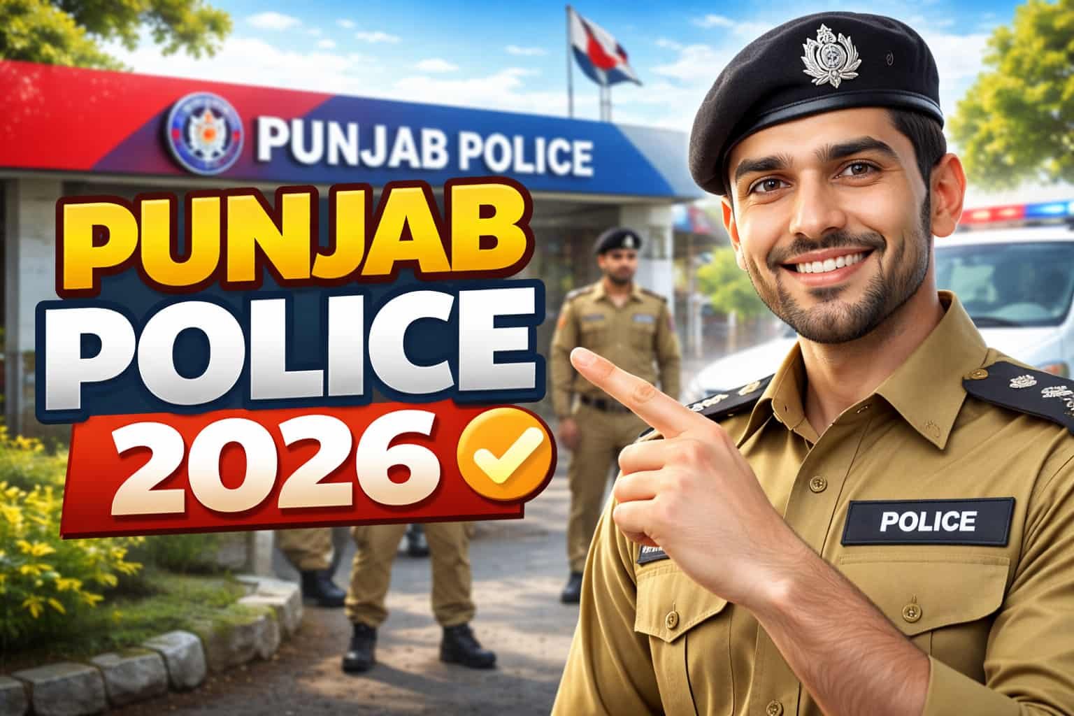 Punjab Police jobs in 2026 thumbnail showing officer pointing at job announcement text