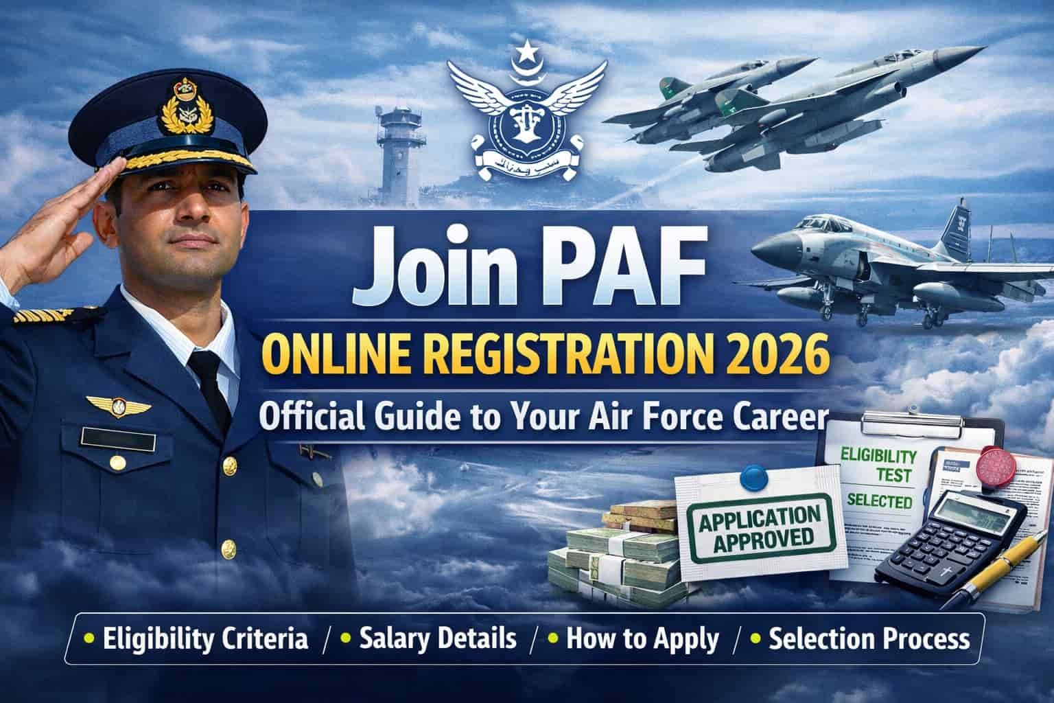 Join PAF online registration 2026 recruitment banner showing Pakistan Air Force officer and aircraft background