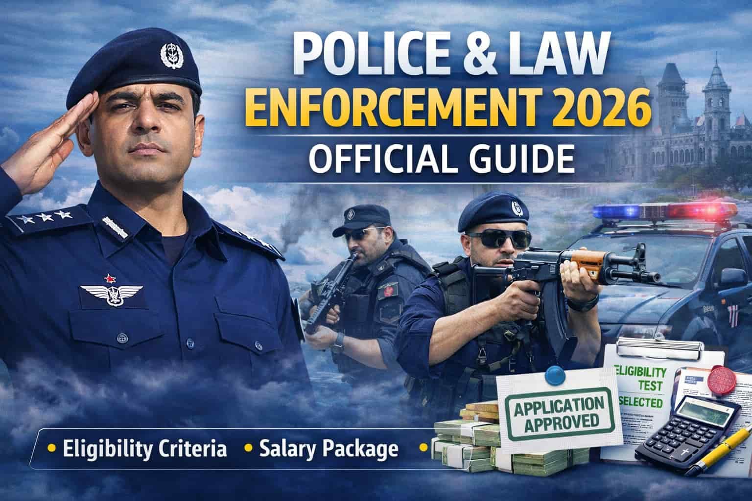Police & Law Enforcement 2026 recruitment banner featuring Pakistan police officers and official job details
