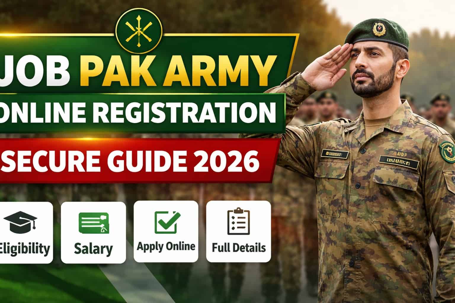 Job Pak Army Online Registration 2026 official guide thumbnail showing Pakistan Army officer with apply online, eligibility and salary details