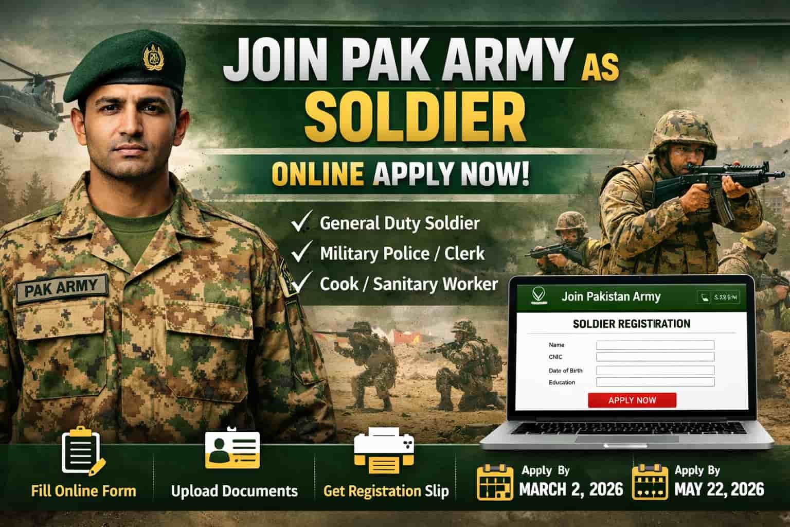 Join Pak Army as soldier online apply not open 2026 official update thumbnail showing Pakistan Army soldier and registration status
