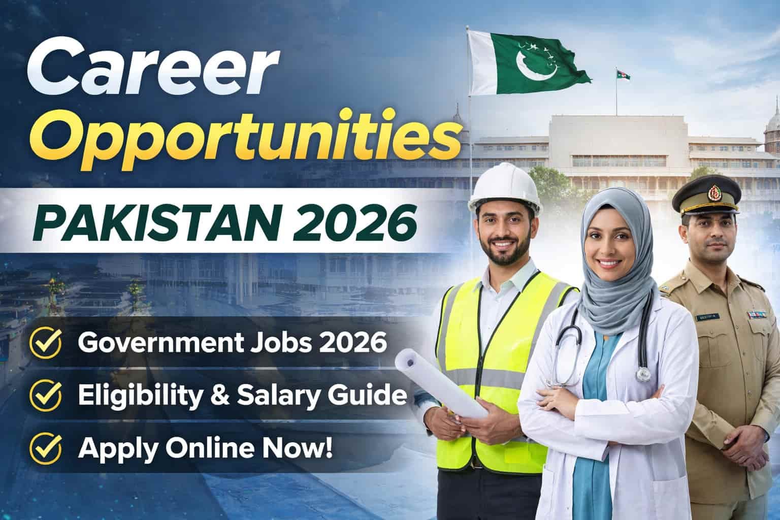 Career opportunities Pakistan 2026 government jobs guide showing professionals with Pakistan parliament background