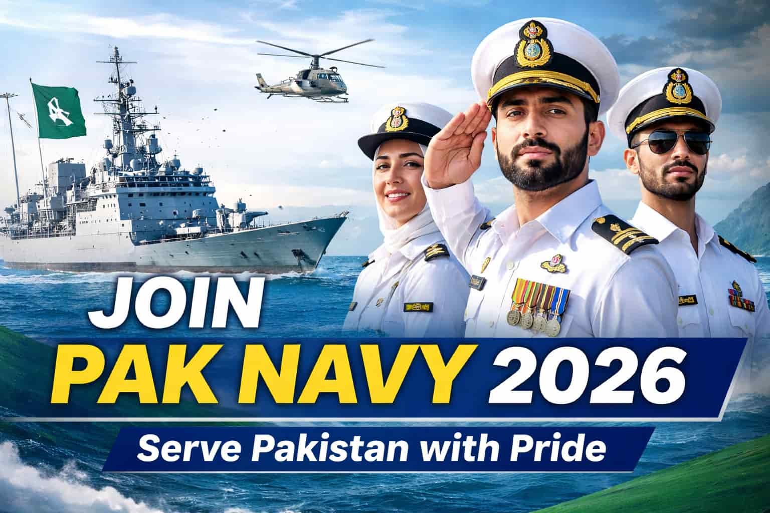 Join pak navy 2026 recruitment officers with naval ship and helicopter Pakistan Navy jobs