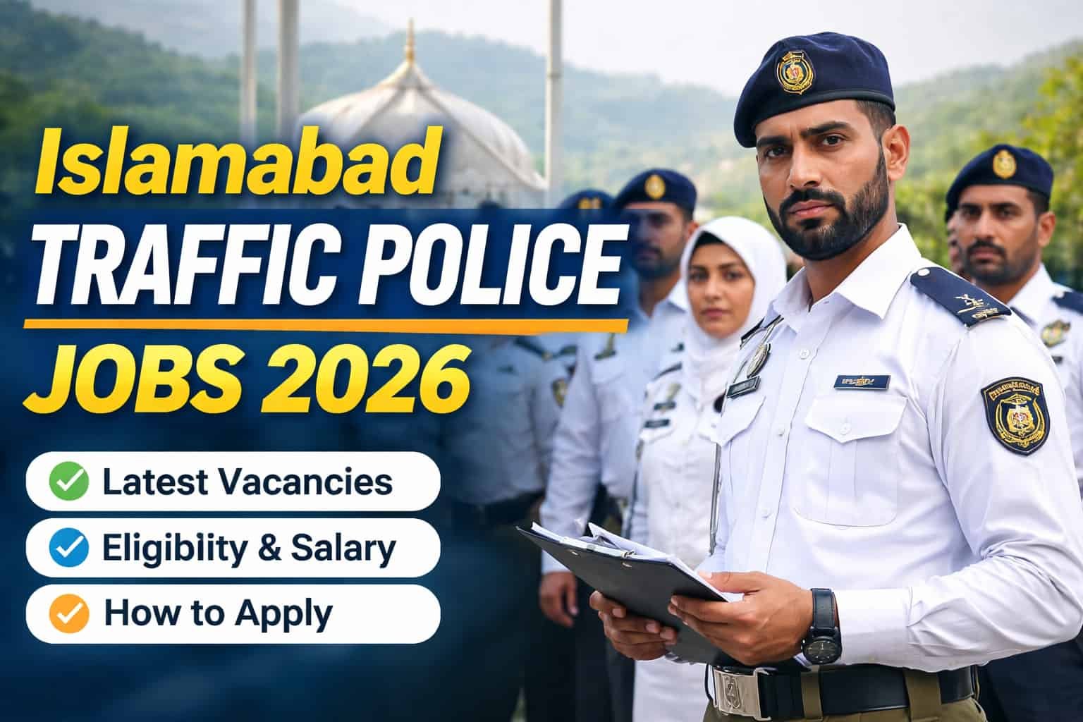 16:9 thumbnail for Islamabad Traffic Police Jobs 2026 featuring uniformed officers, with a male officer holding a clipboard in the foreground, cityscape background, and text highlighting "Latest Vacancies, Eligibility & Salary, How to Apply."