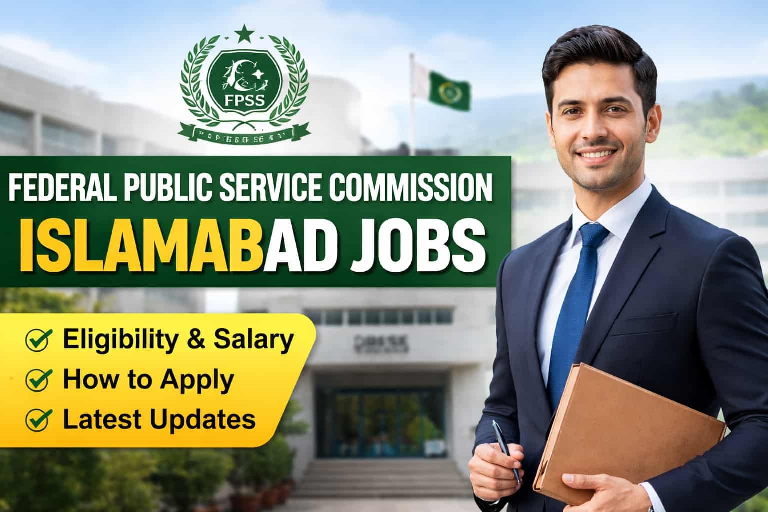 Federal Public Service Commission Islamabad Jobs 2026 official recruitment guide thumbnail showing FPSC building and professional candidate