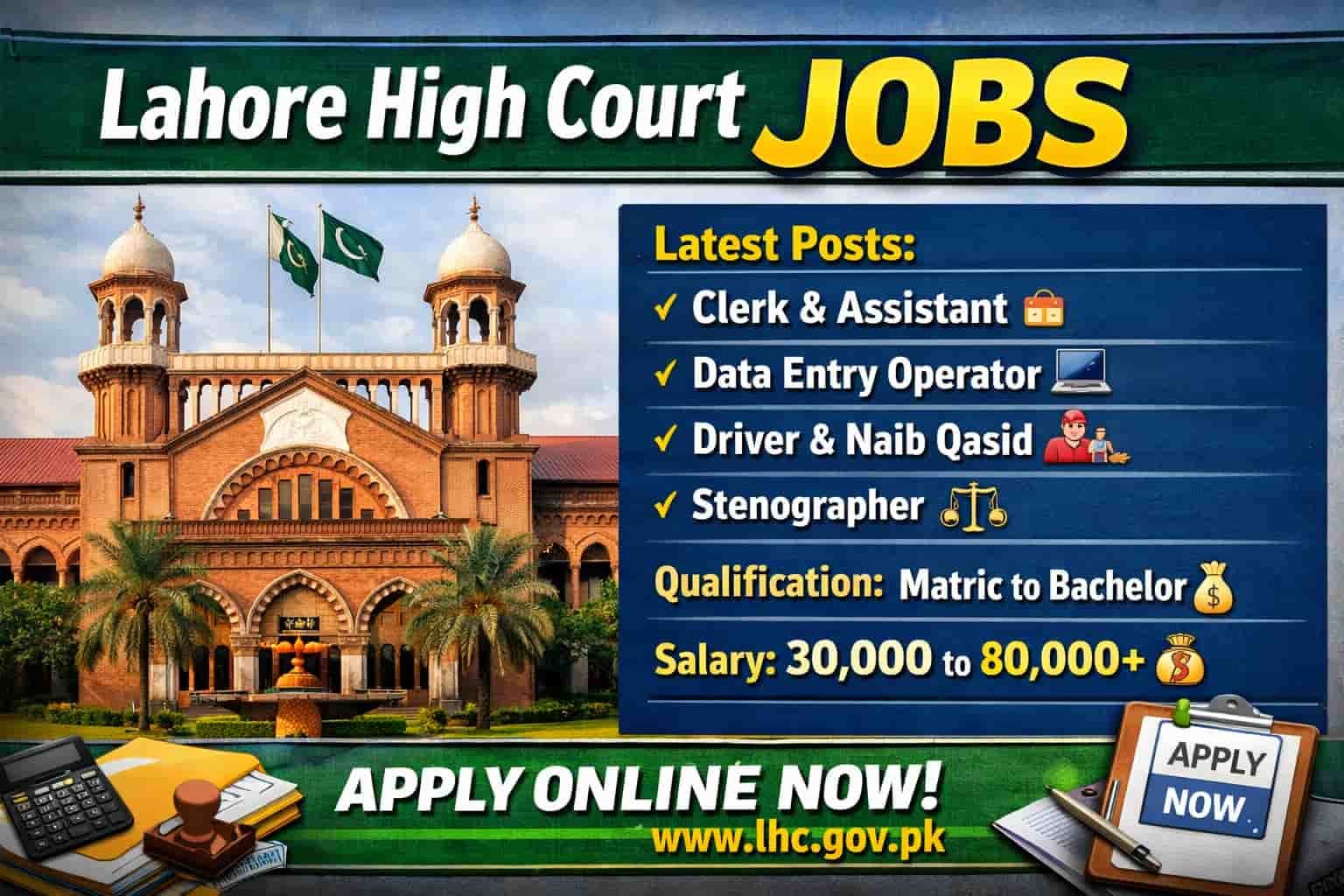 Lahore High Court Jobs 2026 banner showing official recruitment announcement with apply online message and professional design.