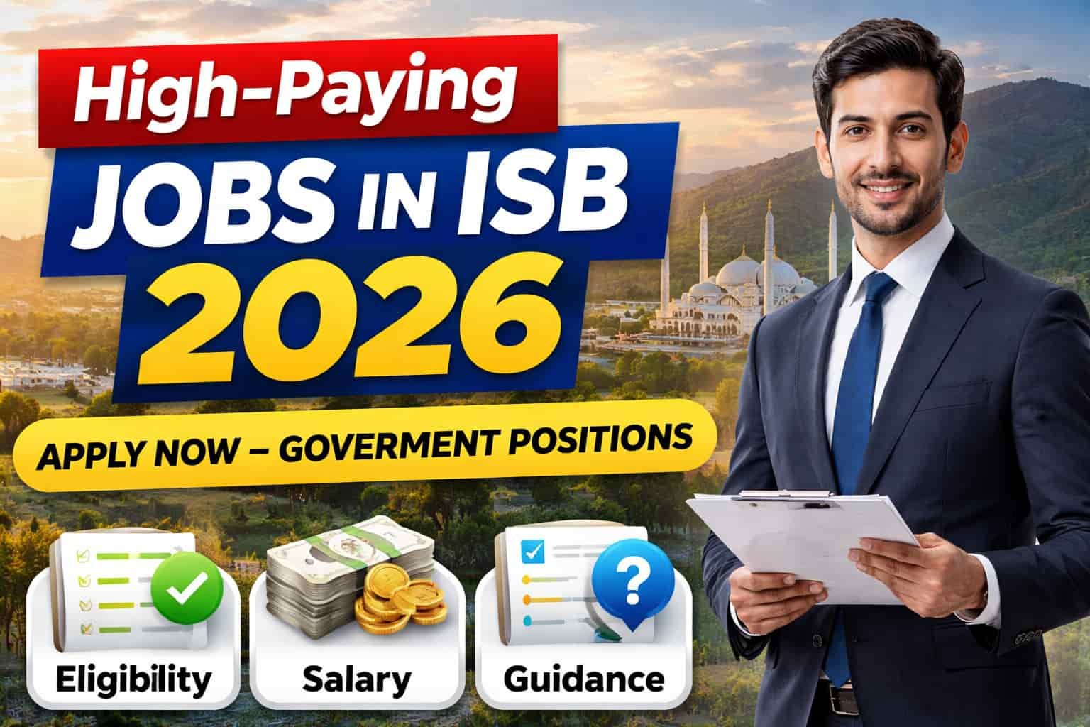 Professional 16:9 thumbnail for Jobs in ISB 2026, showing Islamabad skyline, office and government theme, with text “Jobs in ISB 2026 – Apply Now” for career guidance.