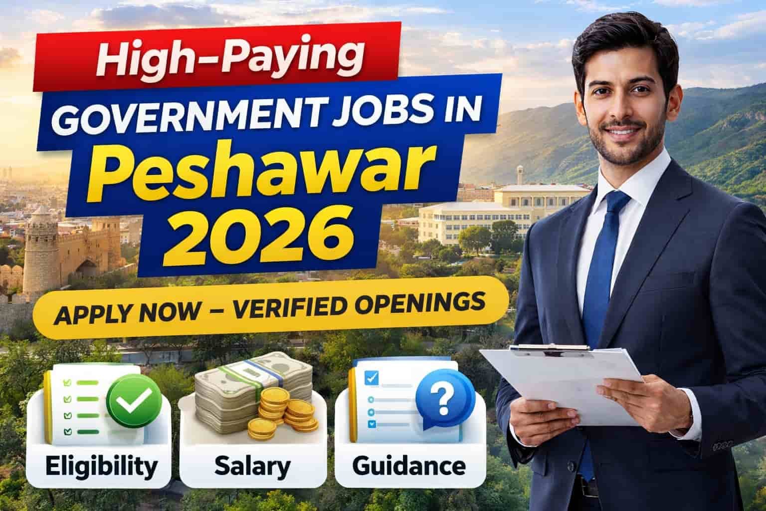 Professional 16:9 thumbnail for KPK Peshawar Jobs 2026, featuring Peshawar cityscape in the background, a confident professional holding a clipboard, and icons highlighting eligibility, salary, and guidance for applicants.