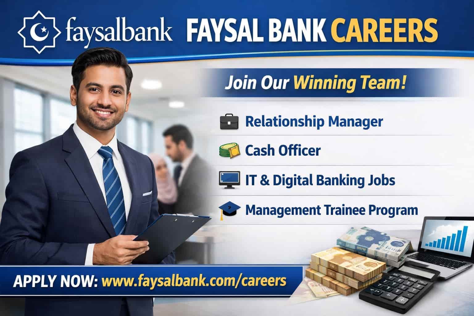 Faysal Bank Limited careers thumbnail showing banking job opportunities in Pakistan with apply now text