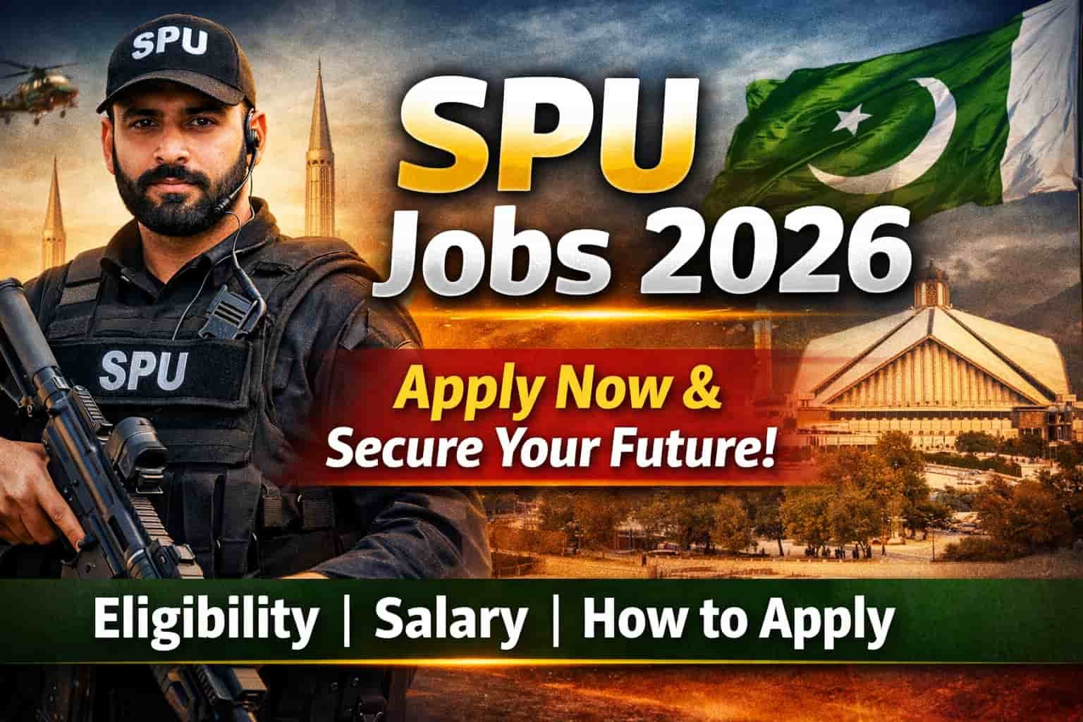 SPU Jobs 2026 Pakistan thumbnail showing Special Protection Unit officer with apply now text