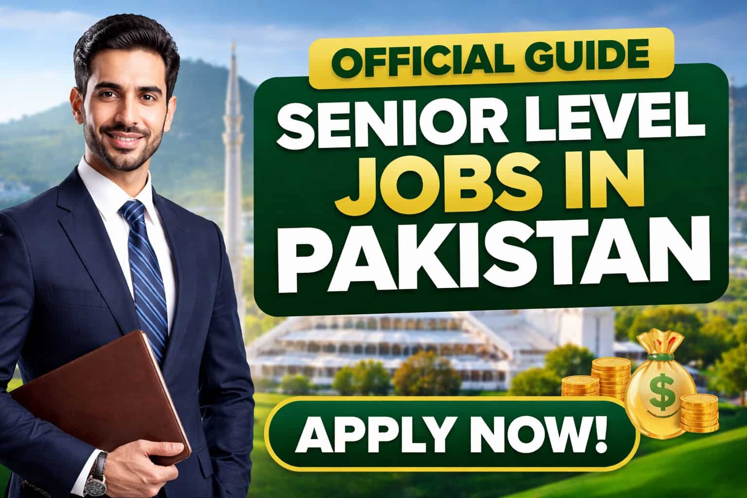 Senior Level Jobs in Pakistan official guide thumbnail showing professional man with apply now banner
