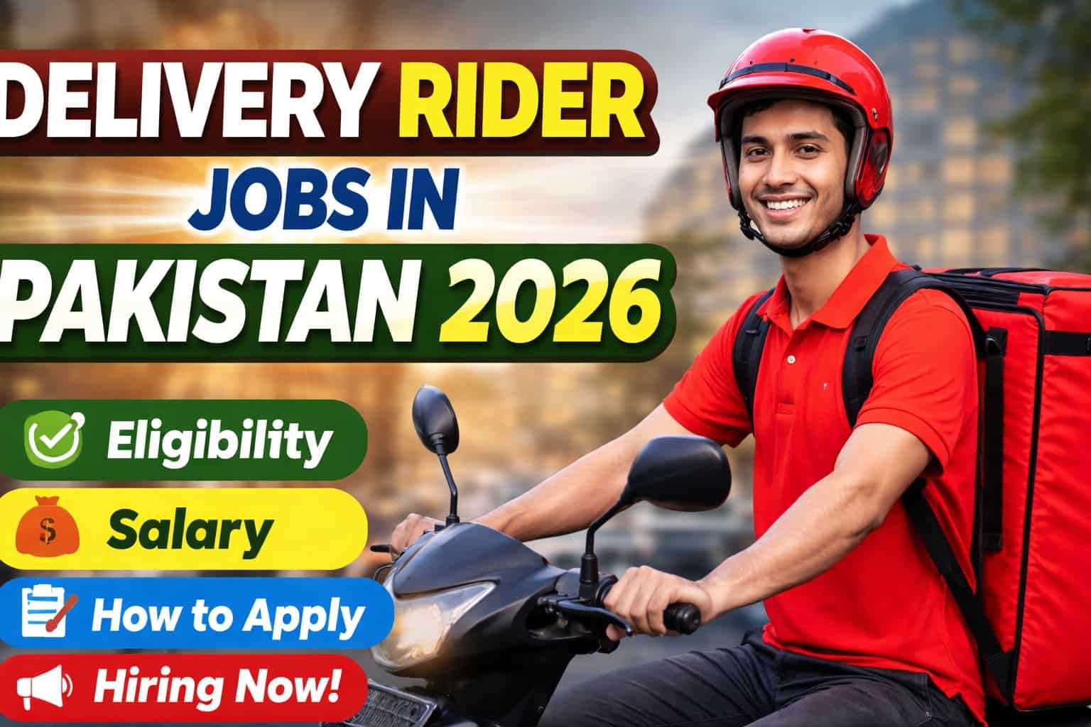 Confident delivery rider on motorcycle ready for action, representing Delivery Rider Jobs in Pakistan 2026 with salary, eligibility, and application details.