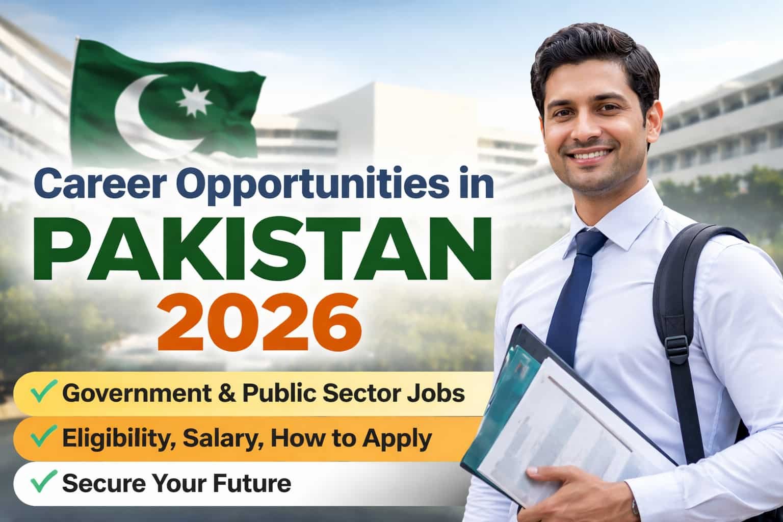 Career Opportunities in Pakistan 2026 thumbnail showing a professional Pakistani job seeker with government building background