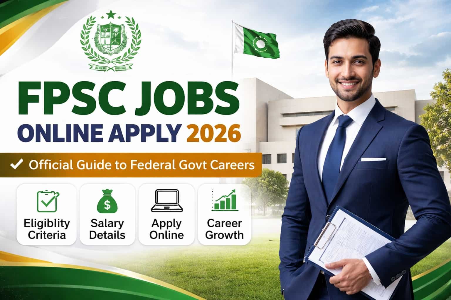 FPSC jobs online apply 2026 thumbnail showing Federal Public Service Commission recruitment guide with eligibility, salary details, and apply online process for Pakistan.