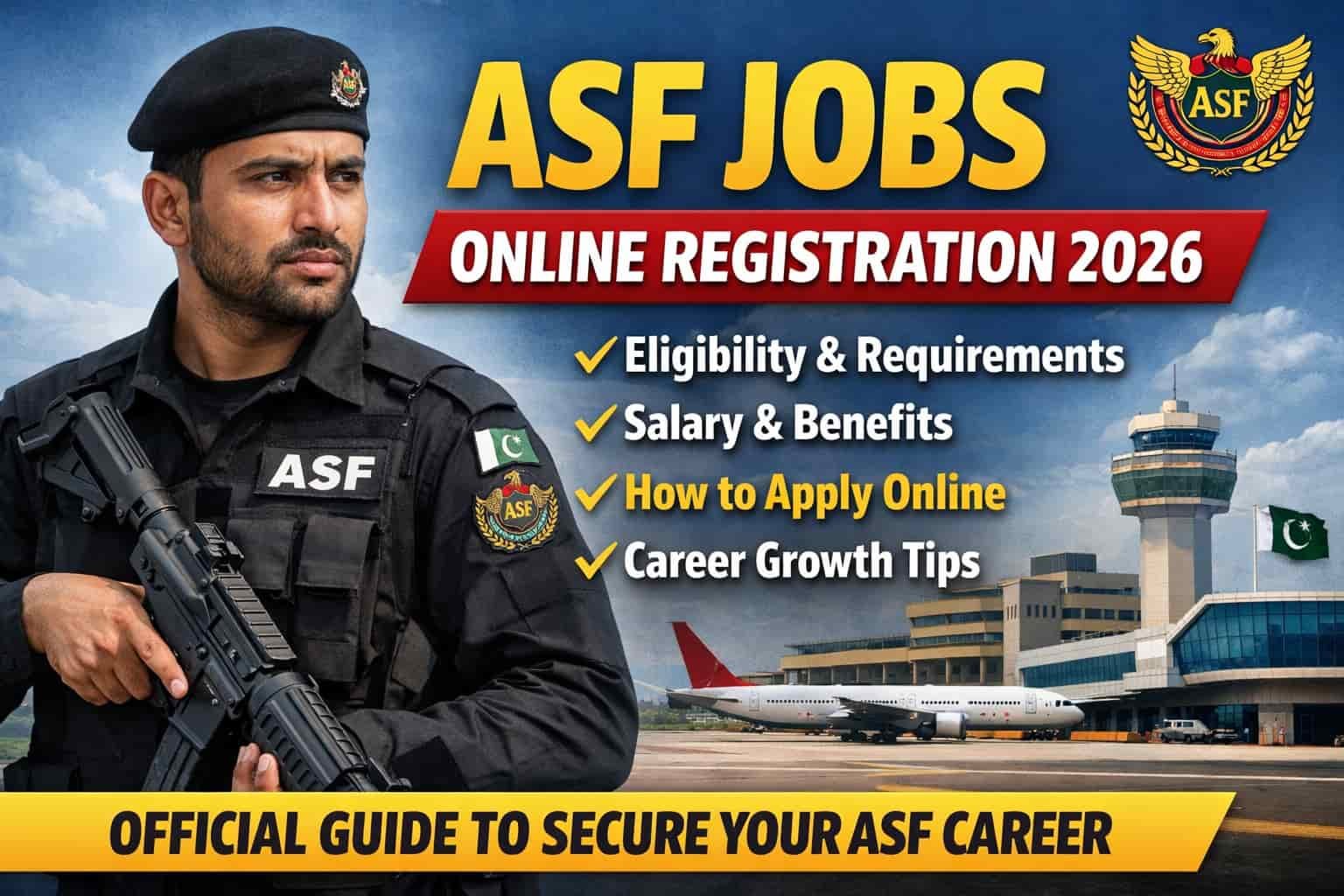 ASF Jobs Online Registration 2026 thumbnail showing Airport Security Force officer at airport with apply online guide text