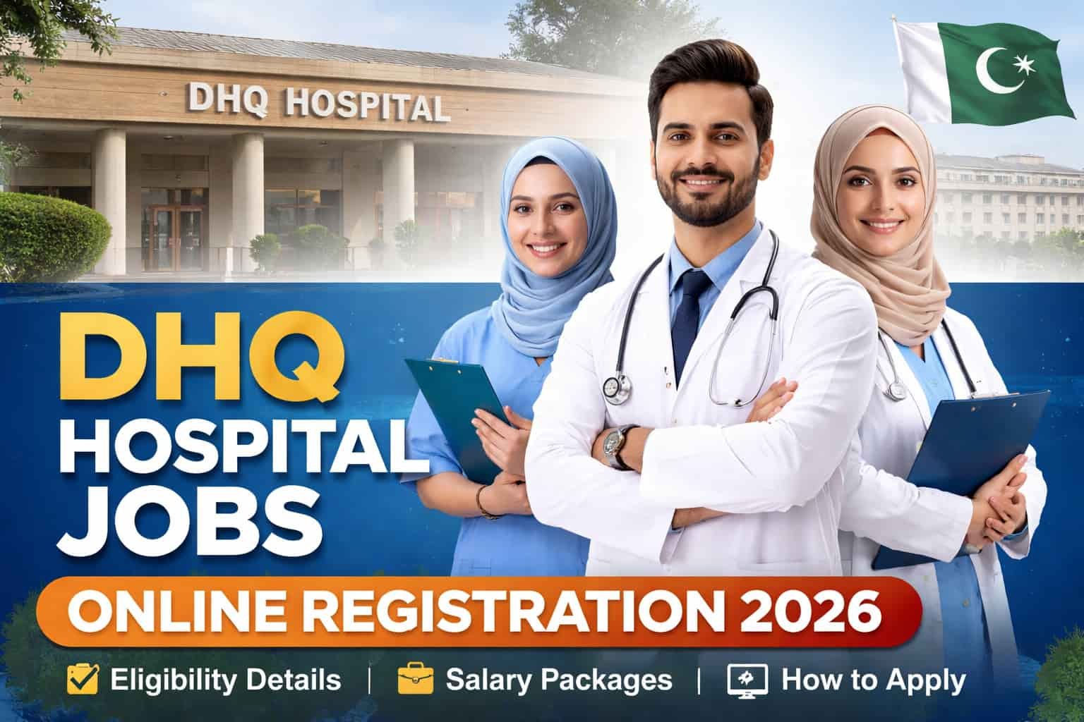 DHQ hospital jobs online registration 2026 banner showing doctors and nurses with eligibility, salary package and apply online details