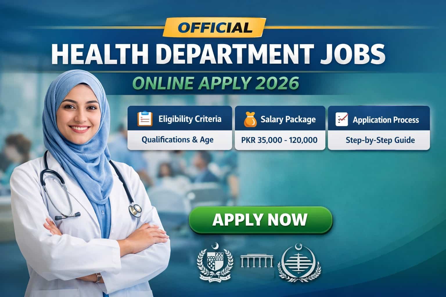 Official Health Department Jobs Online Apply 2026 promotional banner with female doctor and apply now button