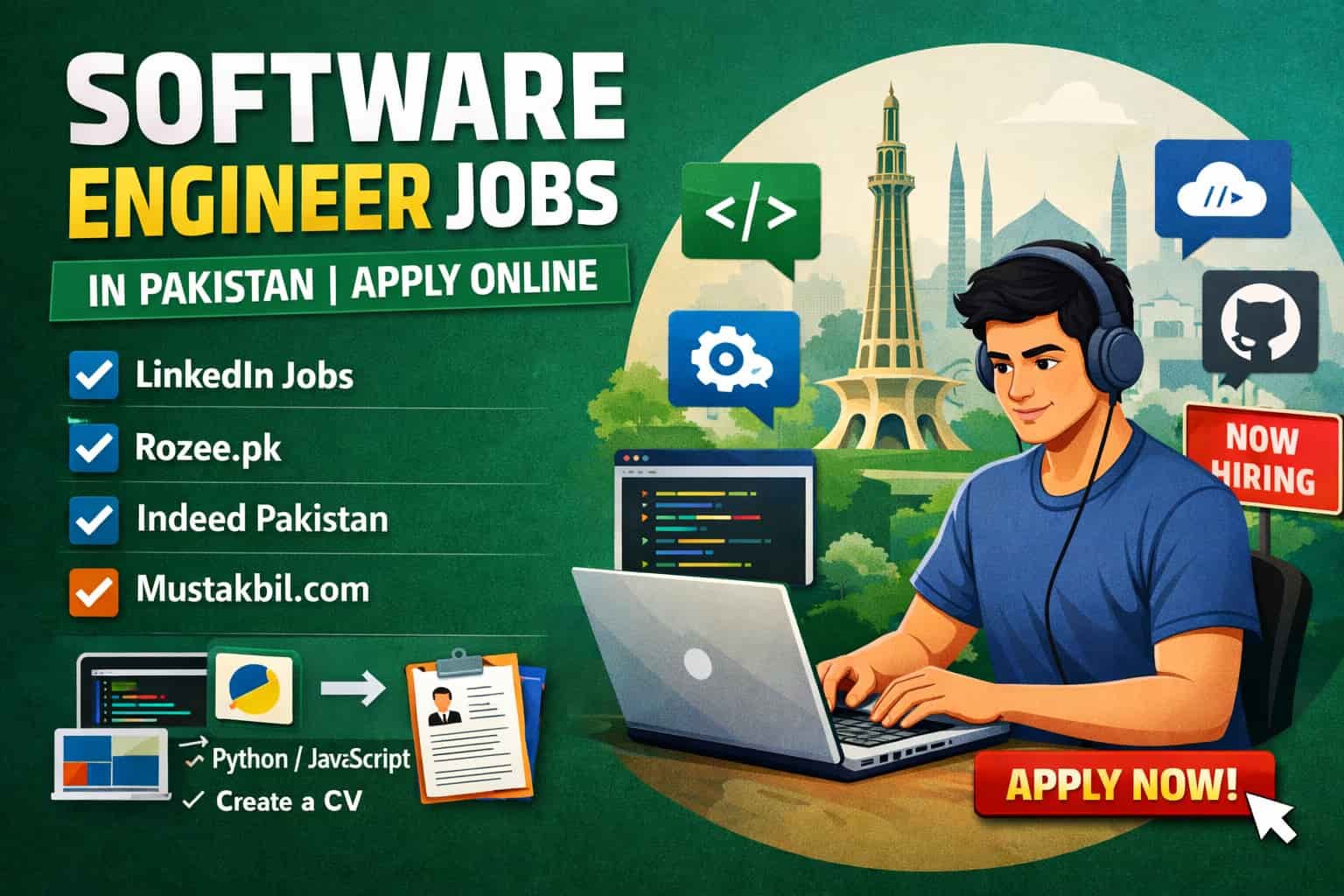 Software engineer jobs in Pakistan apply online 2026 concept image showing developer coding on laptop with digital interface background