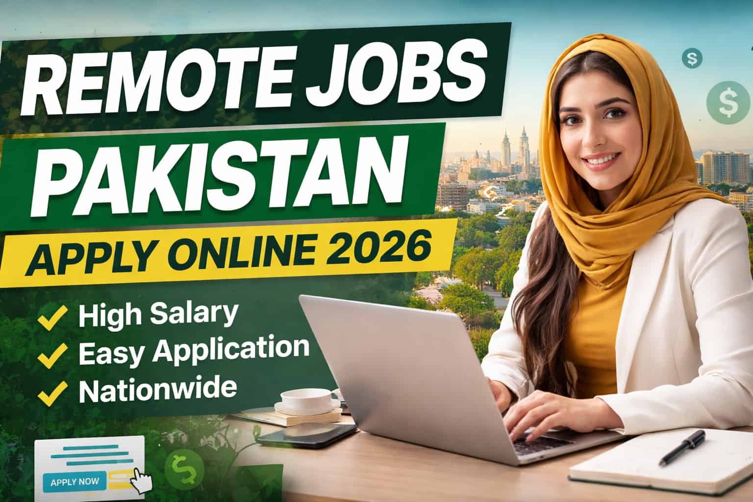 Remote jobs Pakistan apply online 2026 work from home opportunity thumbnail with professional woman using laptop