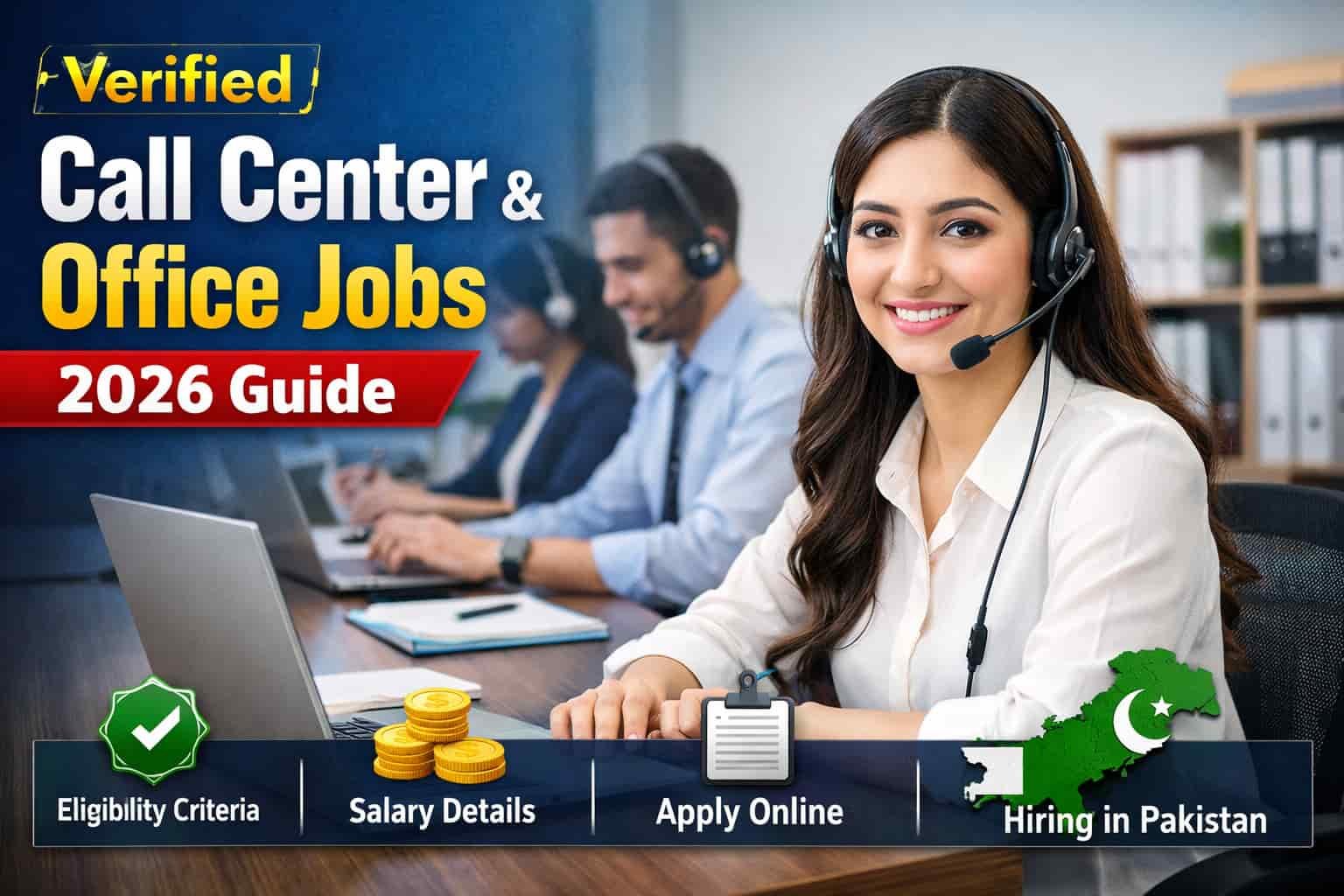 Call Center & Office Jobs 2026 Pakistan official recruitment banner showing customer service representatives and office staff at workstations