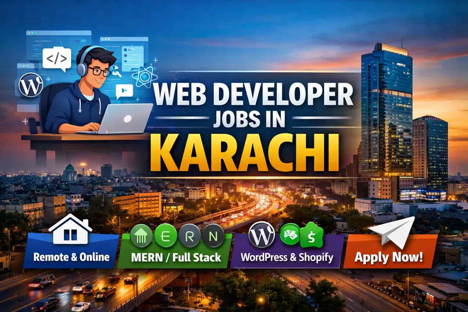 Web developer jobs Karachi online apply 2026 thumbnail showing developer working on laptop in modern office